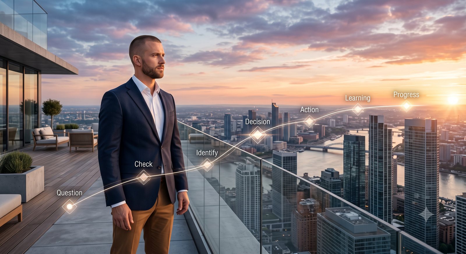 An entrepreneur standing on a skyscraper rooftop at sunset, looking over a city skyline, with a glowing path of milestones marking his journey: Question, Check, Identify, Decision, Action, Learning, Progress
